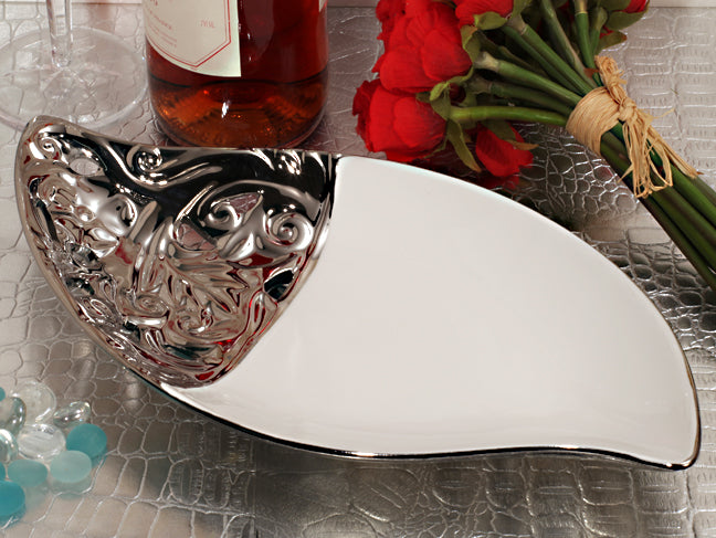 Cassiani Signature collection porcelain teardrop bowl accented with silver trim