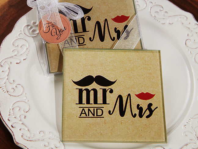 Elegant Mr. and Mrs. Glass Coaster Wedding Bridal Shower Favors