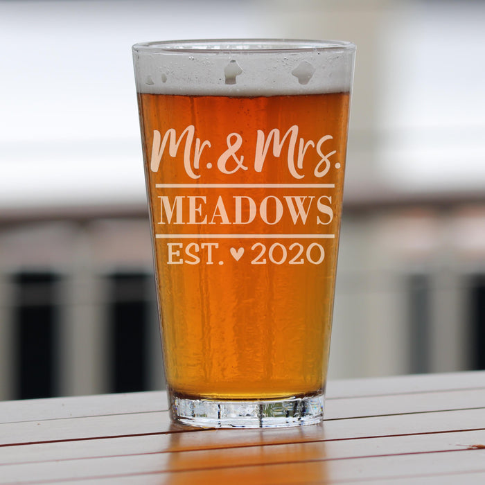 Personalized Mr & Mrs Heart Pint Glass Engraved Beer Mug