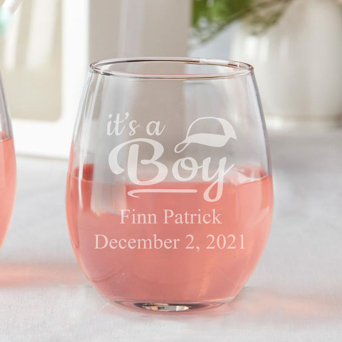 Set of 12 Personalized It's A Boy Baseball Hat Baby Shower Favors Stemless Wine Glasses