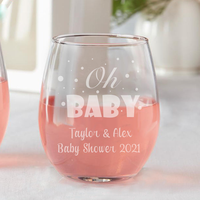Set of 12 Oh Baby Shower Favors Stemless Wine Glasses
