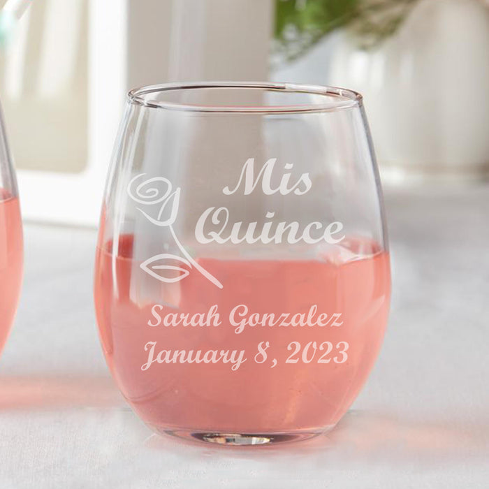 Set of 12 Personalized Quince Rose Años Sweet 15 Birthday Party Favors Stemless Wine Glasses
