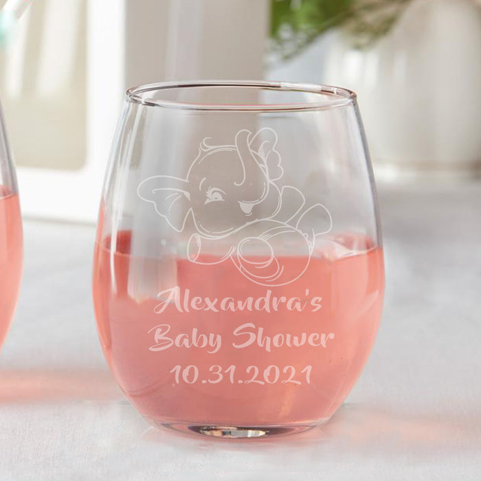 Set of 12 Baby Elephant Baby Shower Favors Stemless Wine Glasses