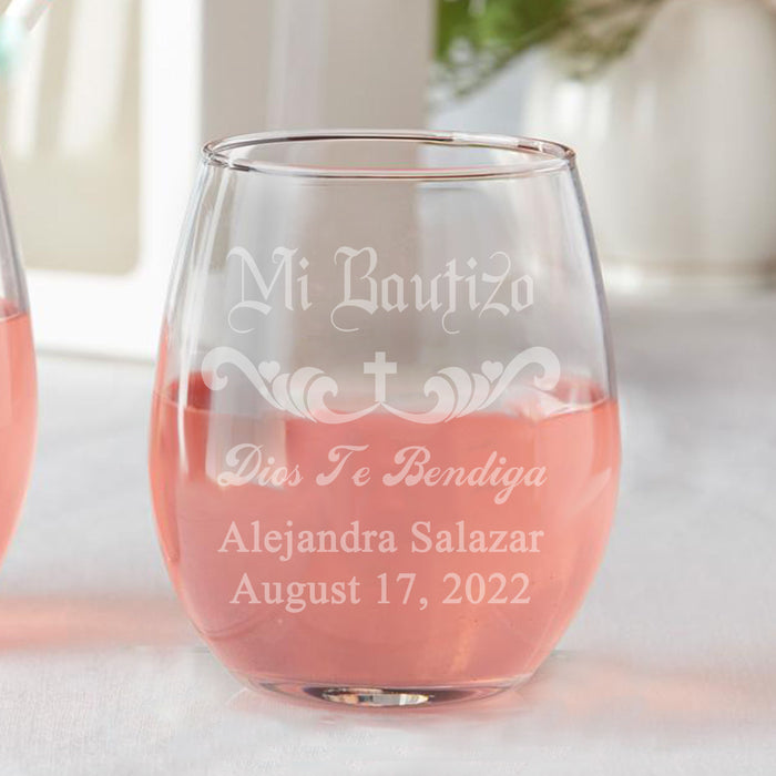Set of 12 Custom Mi Bautizo Scroll Favors Stemless Wine Glasses