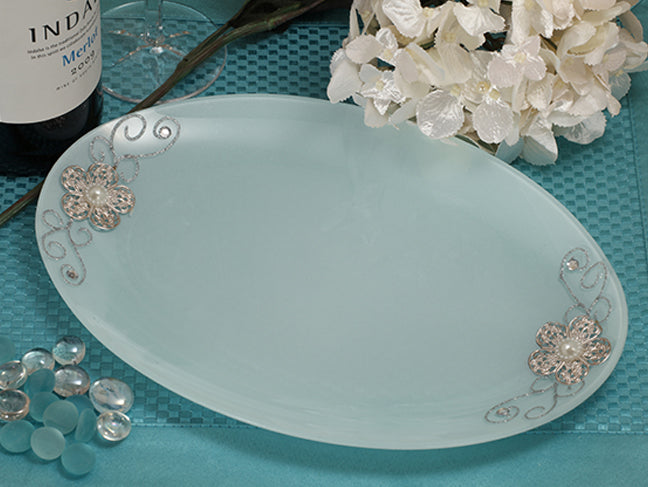 Cassiani Signature collection oval glass tray with silver floral accents