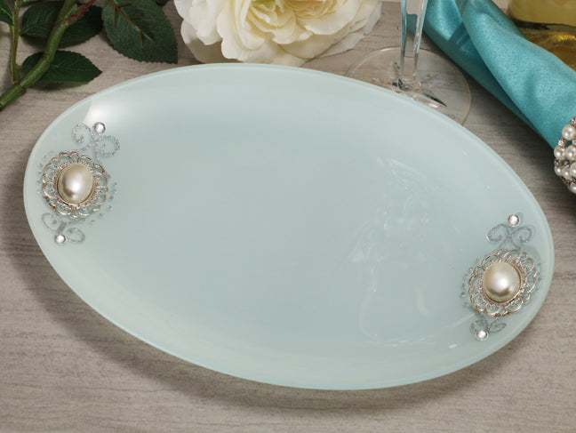 Cassiani signature collection oval glass tray with pearl accent