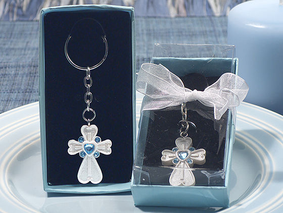 White Cross Key Chain Blue Crystals Communion Baptism Baby Shower