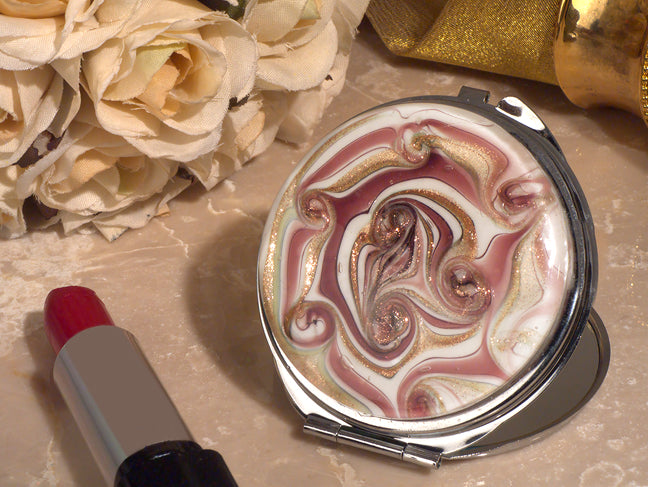 Stylish Murano mauve and gold swirl compact mirror wedding favor