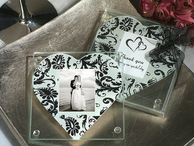 LOVE Glass Coasters Set Heart Damask Bridal Shower Wedding Favors