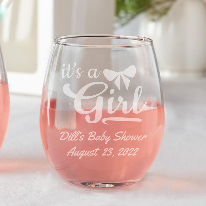 Set of 12 Personalized It's A Girl Bow Hat Baby Shower Favors Stemless Wine Glasses