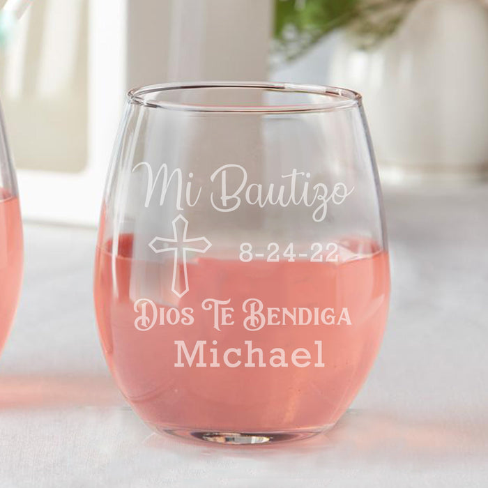Set of 12 Custom Mi Bautizo Cross Favors Stemless Wine Glasses