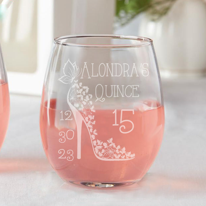 Set of 12 Custom Quince Cinderella Shoe Años Sweet 15 Birthday Spanish Party Favors Stemless Wine Glasses