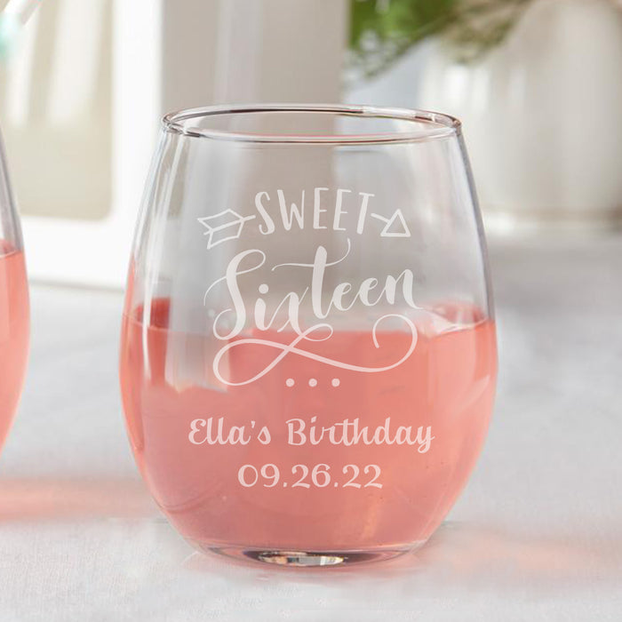 Set of 12 Personalized Custom Sweet 16 Sweet Sixteen Party Favors Stemless Wine Glasses