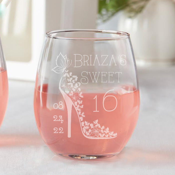 Set of 12 Personalized Custom Sweet 16 Cinderella Shoe Sweet Sixteen Party Favors Stemless Wine Glasses