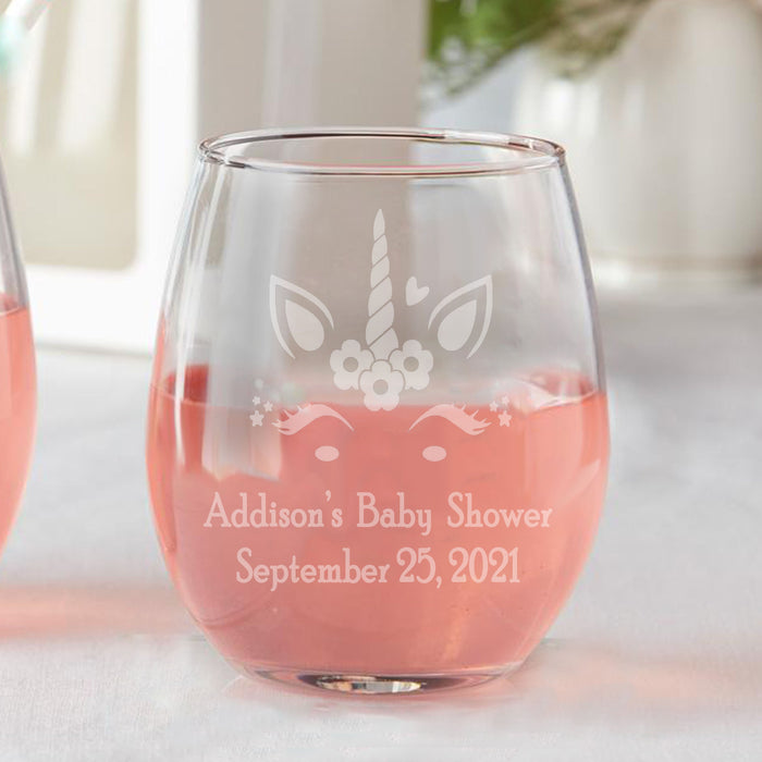 Set of 12 Baby Girl Unicorn Baby Shower Favors Stemless Wine Glasses