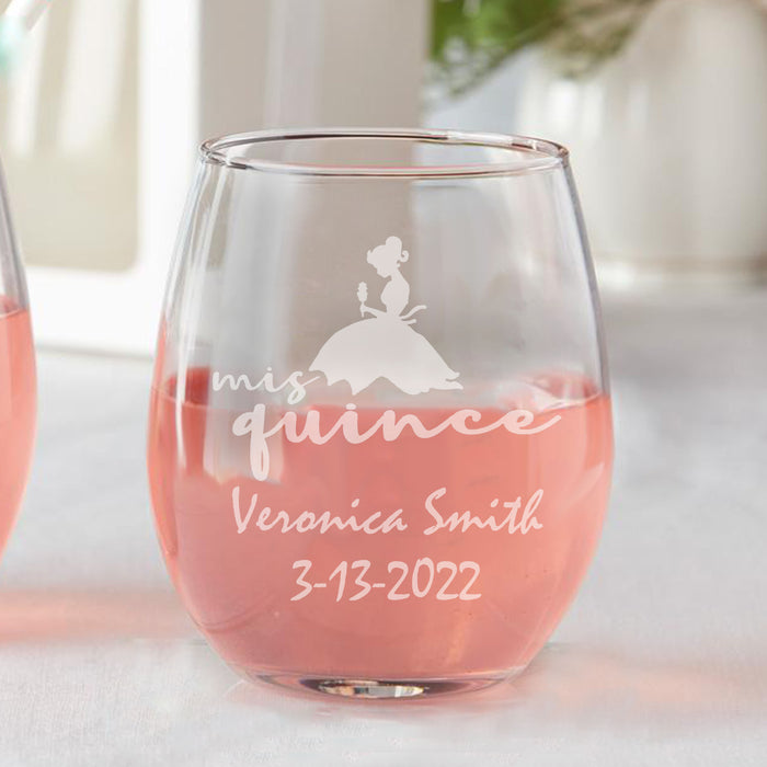 Set of 12 Personalized Quince Dress Años Sweet 15 Birthday Party Favors Stemless Wine Glasses