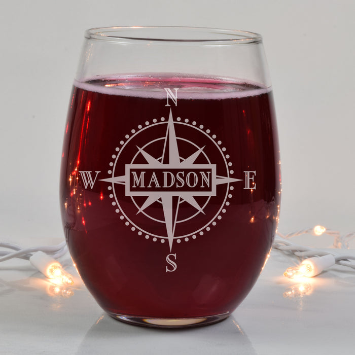 Monogrammed Compass Engraved Stemless Wine Glasses
